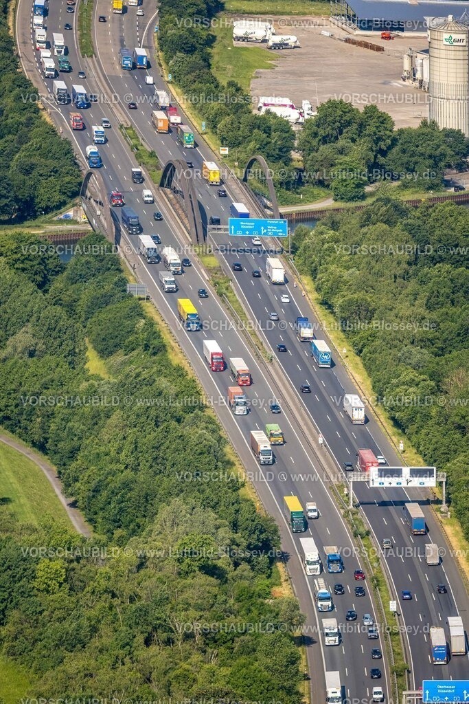 Luenen250600063 | Luftbild, Verkehrsstau auf der Autobahn A2 am Kreuz Dortmund-Nordwest  Anschlussstelle Dortmund-Mengede, Brücke Dortmund-Ems-Kanal, Schwieringhausen, Dortmund, Ruhrgebiet, Nordrhein-Westfalen, Deutschland