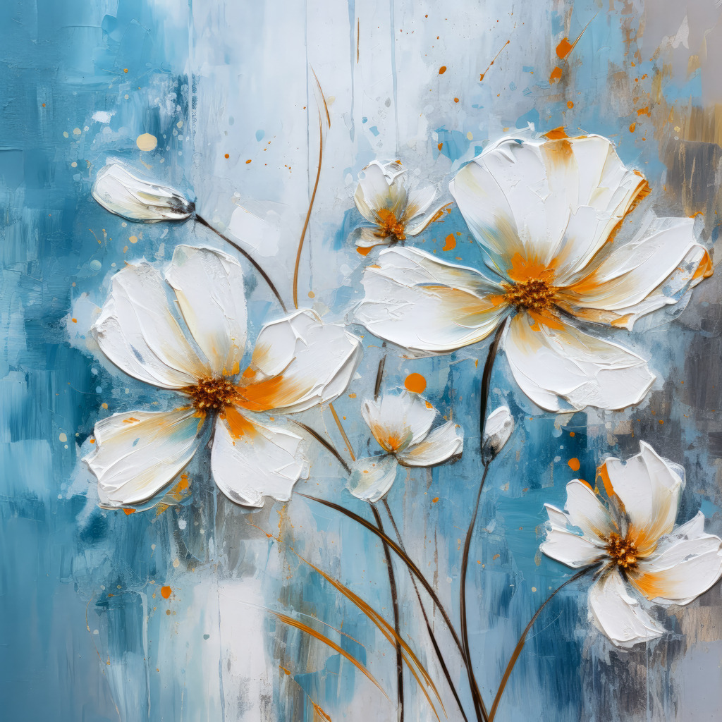 2307112 - Weiße Blüten | Sehr schönes digitales Blumengemälde mit blauem abstraktem Hintergrund.