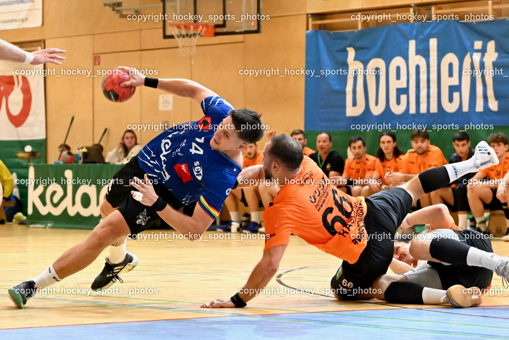 SC Ferlach vs. HSG Holding Graz 23.9.2023 | #24 JOVANOVIC Mladan SC Ferlach, #66 RASCHID Ramon Holding Graz, SC Ferlach vs. HSG Holding Graz 23.9.2023, SC Ferlach vs. HSG Holding Graz am 23.09.2023 in Bleiburg (Ballspielhalle Ferlach), Austria, (Photo by Bernd Stefan)