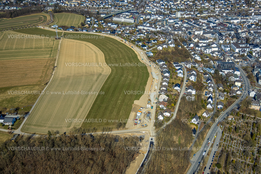 Meschede250304837 | Luftbild, Straßenbau, Baustraße und Ausbau Langelohweg, Meschede-Stadt, Meschede, Sauerland, Nordrhein-Westfalen, Deutschland