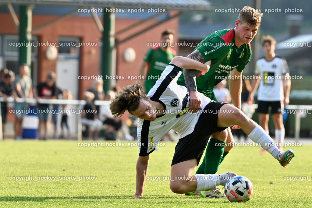 FC Gmünd vs. SV Spittal 1921 | #18 Kristijan Jelic SV Spittal, #8 Domenik Steiner FC Gmünd, FC Gmünd vs. SV Spittal 1921, FC Gmünd vs. SV Spittal 1921 am 27.08.2024 in Gmünd (Sportplatz Karnerau), Austria, (Photo by Bernd Stefan)