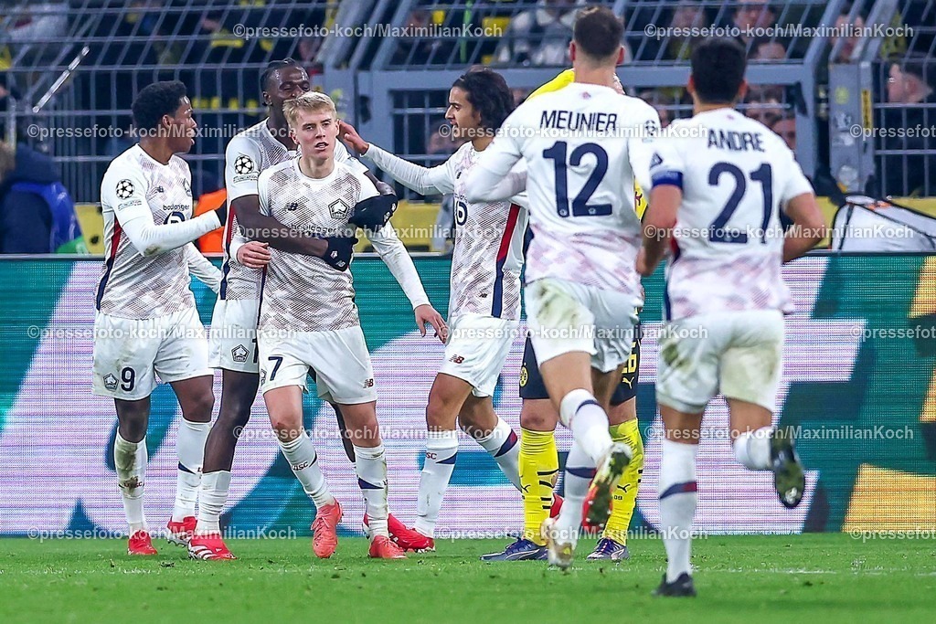 UCL04032501044 | 04.03.2025, Fußball, UEFA Champions League, Borussia Dortmund - OSC Lille, Signal Iduna Park, Runde der 16, Saison 2024 2025: Torjubel nach dem 1:1 Ausgleich durch Torschütze Hakon Arnar Haraldsson (LOSC Lille #7)