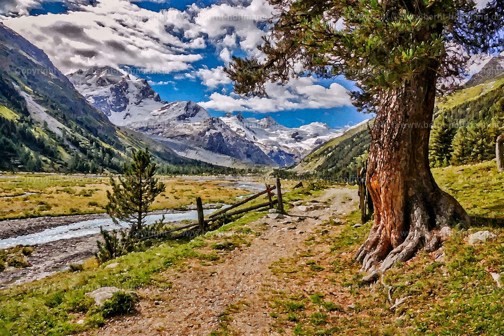 PAD2_RH_BaumWeg_150x100 | DIGITALKUNST. Val Roseg in Pontresina mit Ova da Roseg und dem Bernina-Massiv. 
__ Das Basisfoto für dieses malerisch verwandelte Werk hat der Schweizer Hobbyfotograf Rene Hinder gemacht und es Bernt Hoffmann für dessen Kunstpart zur Verfügung gestellt. - Realisiert mit Pictrs.com