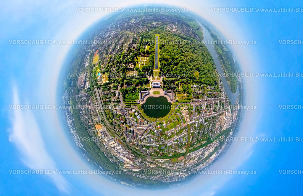 Duesseldorf240590097SchlossBenrath | Luftbild, Schloss Benrath mit Schlossweiher und Schlosspark, Orangerie Schloss Benrath und langgezogener Spiegelweiher, Erdkugel, Fisheye Aufnahme, Fischaugen Aufnahme, 360 Grad Aufnahme, tiny world, little planet, fisheye Bild, Benrath, Düsseldorf, Nordrhein-Westfalen, Deutschland