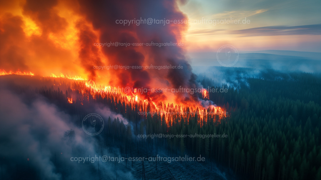 Waldbrand D | Fotorealistisches KI Luftbild zeigt einen Waldbrand. Ein Nadelwald brennt und hinterlässt eine Schneise mit Asche und Baumstümpfen. Dicke Qualmwolken bilden sich.