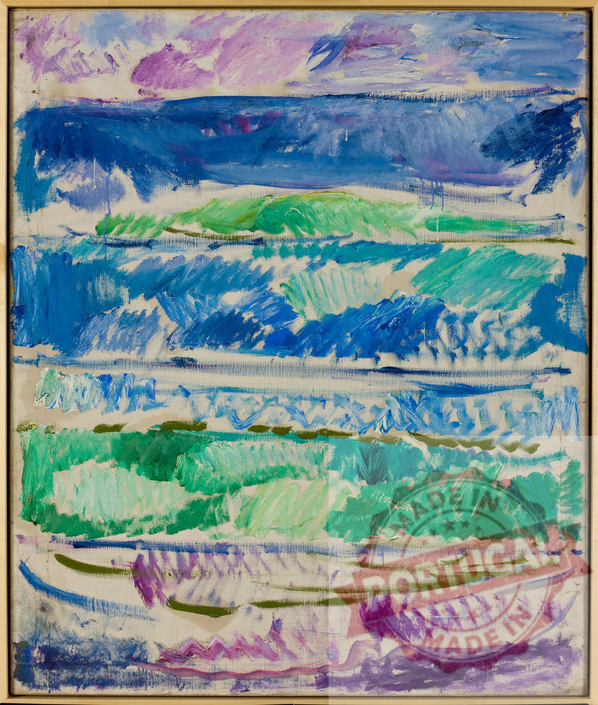 Abstract expressionist landscape oil painting on canvas | Edvard Munch Abstract expressionist painting visualizing a colorful landscape with sea and sky - Realized with Pictrs.com