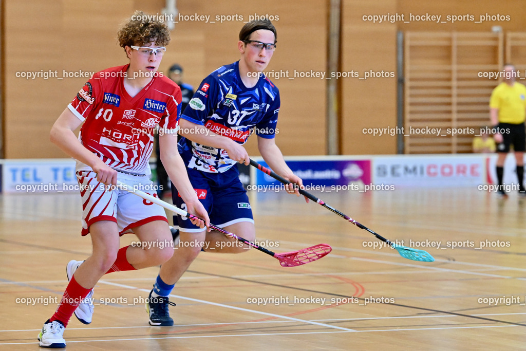 VSV Unihockey vs. KAC Floorball | #80 Lino Roth KAC Floorball, #37 Aleksander Bogataj VSV Unihockey, VSV Unihockey vs. KAC Floorball, VSV Unihockey vs. KAC Floorball am 12.04.2025 in Villach (Ballspielhalle St. Martin), Austria, (Photo by Bernd Stefan)