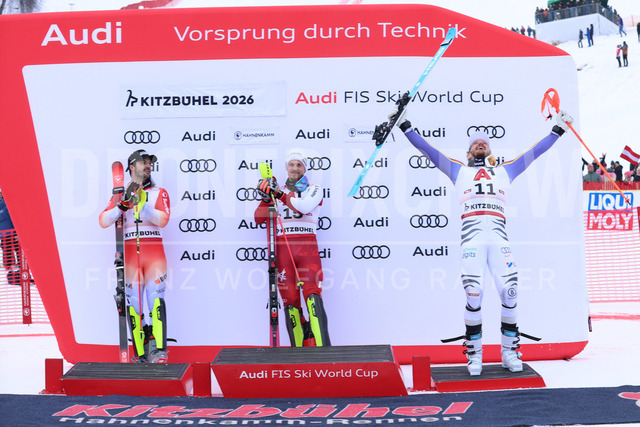 Audi FIS Ski World Cup: Men’s Slalom – Hahnenkamm Race, Kitzbuehel | Kitzbuehel, Austria, 25.Jan.26 - Alpine Skiing - FIS World Cup, Hahnenkamm Race, Slalom, men. The image shows MEILLARD Loic (SUI, Rossignol), FELLER Manuel (AUT, Atomic) and STRASSER Linus (GER, Head).