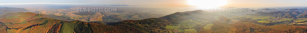 Aerial view: Panorama from the edge of the Vosges Mountains in Climbach in the state Bas-Rhin, France. – Photo: IMG_54056-Pano.jpg taken on 10/21/2012 by Werner Riehm/FLY-FOTO.com – Resolution of the original: 33992 x 3725 px