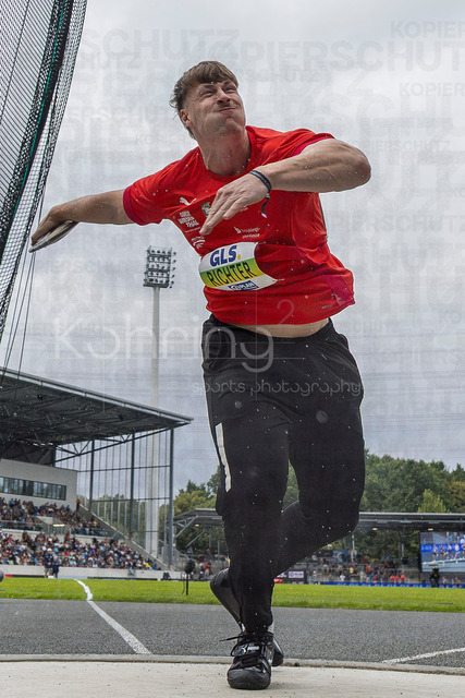 Deutsche Leichtathletik-Meisterschaften; Bochum-Wattenscheid, 26.07.2026 | Steven Richter (LV 90 Erzgebirge), Diskuswurf Finale im Regen; Deutsche Leichtathletik-Meisterschaften am 26.07.2026 im Lorheide-Stadion, Bochum-Wattenscheid (Nordrhein-Westfalen).