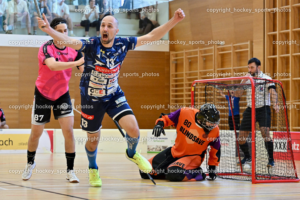 VSV Unihockey vs. Wiener Floorball Verein | Jubel #13 Jan Sláma VSV Unihockey, #87 Christian Lindquist Wiener Floorballverein, #80 BEZUCHA Bernhard Wiener Floorballverein, VSV Unihockey vs. Wiener Floorball Verein, VSV Unihockey vs. Wiener Floorball Verein am 18.05.2025 in Villach (Ballspielhalle St. Martin), Austria, (Photo by Bernd Stefan)