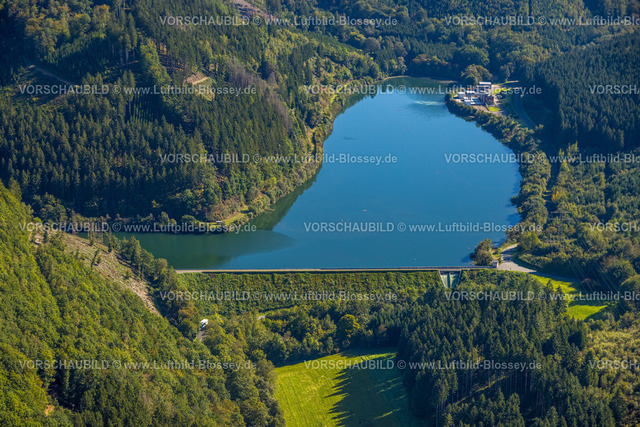 Finnentrop230908421Glinge | Luftbild, Glingebachtalsperre und Staumauer in waldiger Hügellandschaft, Pumpspeicherkraftwerk Rönkhausen, Rönkhausen, Finnentrop, Sauerland, Nordrhein-Westfalen, Deutschland