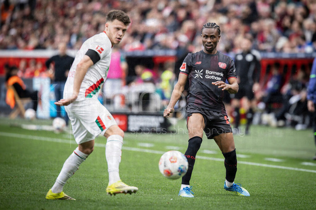 German Bundesliga, Bayer 04 Leverkusen vs. FC Augsburg, 18.04.2026 | LEVERKUSEN, GERMANY - APRIL 18, 2026 :  Nathan Tella (Bayer 04 Leverkusen, 23) during the German Bundesliga match on gameday 30 between Bayer 04 Leverkusen vs. FC Augsburg at BayArena on April 18, 2026 in Leverkusen, Germany. DFL REGULATIONS PROHIBIT ANY USE OF PHOTOGRAPHS AS IMAGE SEQUENCES AND/OR QUASI-VIDEO.