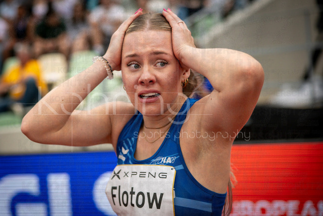 Golden Oval; Dresden, 31.05.2026 | DRESDEN , GERMANY - MAY 31:  Lia Flotow (GER / Germany) is surprised after the 100m hurdles during the Golden Oval Continental Tour Silver meeting on May 31, 2026 at Heinz-Steyer-Stadion in Dresden, Saxony, Germany.