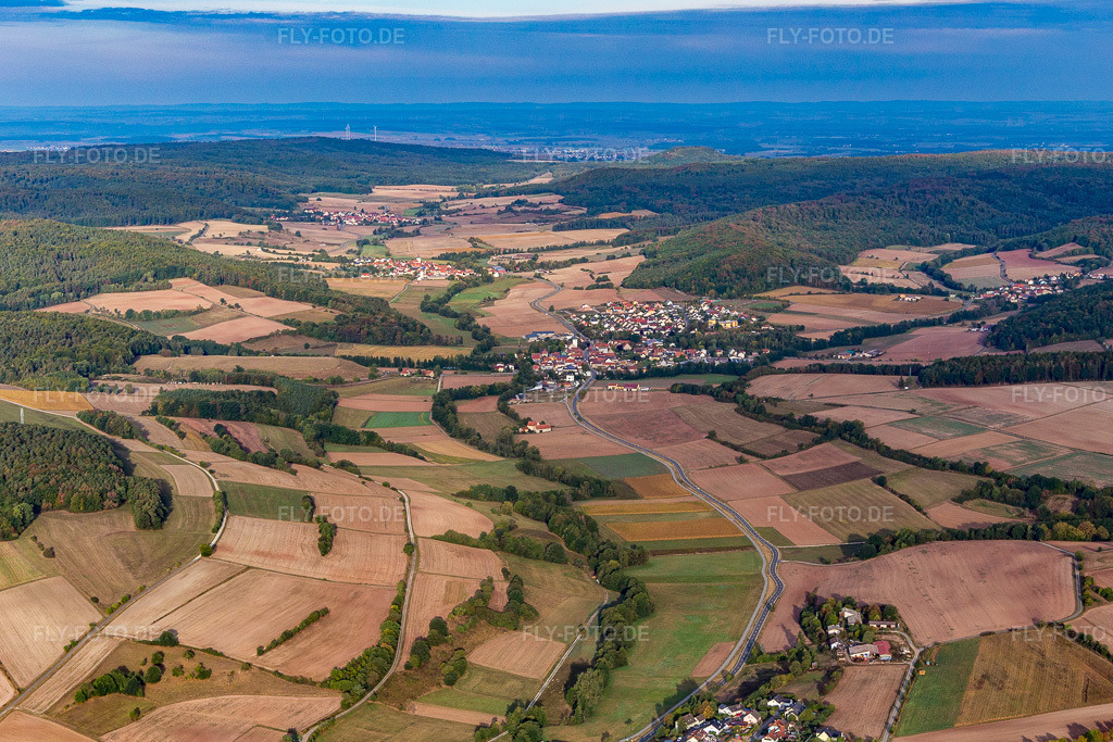 Luftbild: Tal der Rauen Ebrach im Ortsteil Prölsdorf in Rauhenebrach im Bundesland Bayern in Deutschland. Foto: IMG_111160.jpg vom 09.09.2018 durch Werner Riehm/FLY-FOTO.de