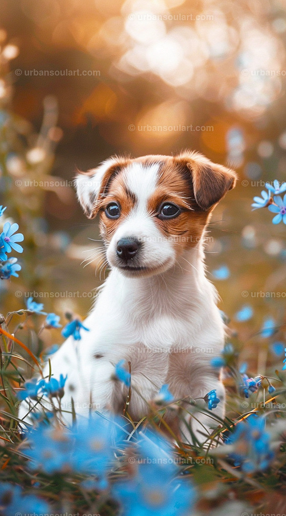 White And Brown Jack Russell Terrier Puppy In The Field | A beautiful portrait of a Jack Russell Terrier puppy sitting among colorful wildflowers, evoking a sense of playful charm. Ideal for nature and dog lovers, this piece brings outdoor beauty indoors. - Realisiert mit Pictrs.com
