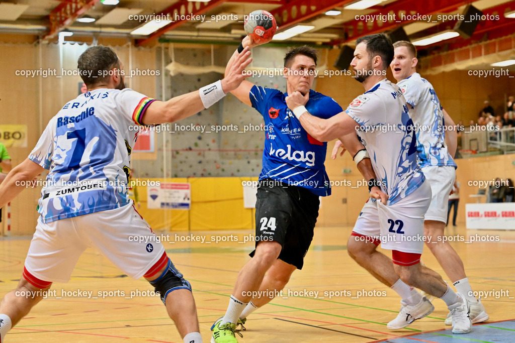 SC Ferlach vs. ALPLA HC Hard 2.3.2024 | #7 RASCHLE Luca HC Hard, #24 JOVANOVIC Mladan SC Ferlach, #22#SC Ferlach vs. ALPLA HC Hard 2.3.2024, SC Ferlach vs. ALPLA HC Hard am 02.03.2024 in Ferlach (Ballspielhalle Ferlach), Austria, (Photo by Bernd Stefan)