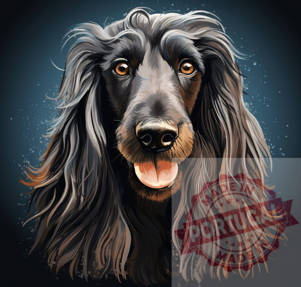 Afghan Hound head portrait illustration with long hair | Professional artful dog portraits Afghan Hound long haired dog portrait showing elegance on dark background - Realized with Pictrs.com
