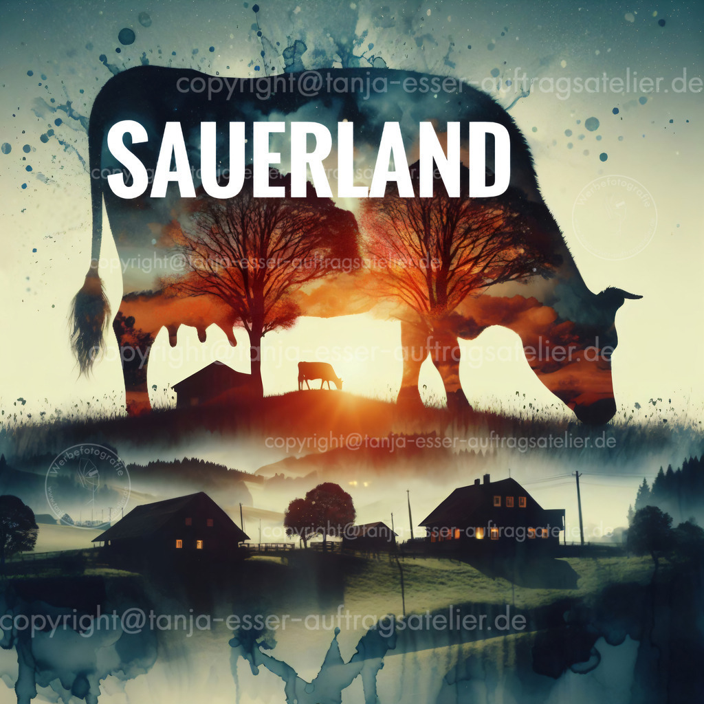 Kunst Illustration Sauerländer Landschaft und Kühe | Kunstvolle Doppelbelichtung einer Illustration, die typische Sauerländer Landschaft im Morgennebel zeigt und grasenden Kühe als Silhouetten. Deutscher Text: Sauerland. KI generiertes Bild.