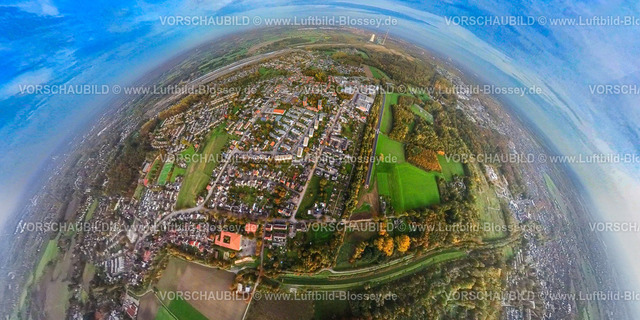 Bergkamen20221019_02-Tangente | Luftbild, Tangente Heidegraben, Wohngebiet In der Schlenke, Fisheye Aufnahme, Fischaugen Aufnahme, 360 Grad Aufnahme, Oberaden, Bergkamen, Ruhrgebiet, Nordrhein-Westfalen, Deutschland