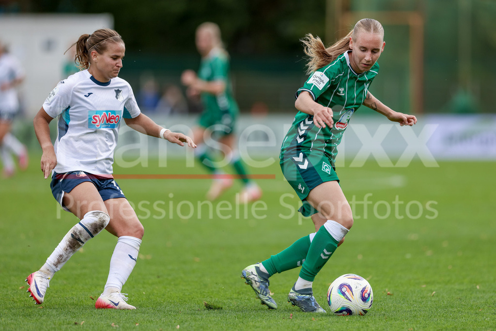 Fussball, Google Pixel Frauen-Bundesliga, SV Werder Bremen - TSG 1899 Hoffenheim | v.li.: Dominika Grabowska (TSG 1899 Hoffenheim, 16) und Emöke Papai (SV Werder Bremen, 16) im Zweikampf, Duell, Dynamik, Aktion, Action, Spielszene, DIE DFB-RICHTLINIEN UNTERSAGEN JEGLICHE NUTZUNG VON FOTOS ALS SEQUENZBILDER UND/ODER VIDEOÄHNLICHE FOTOSTRECKEN. DFB REGULATIONS PROHIBIT ANY USE OF PHOTOGRAPHS AS IMAGE SEQUENCES AND/OR QUASI-VIDEO.