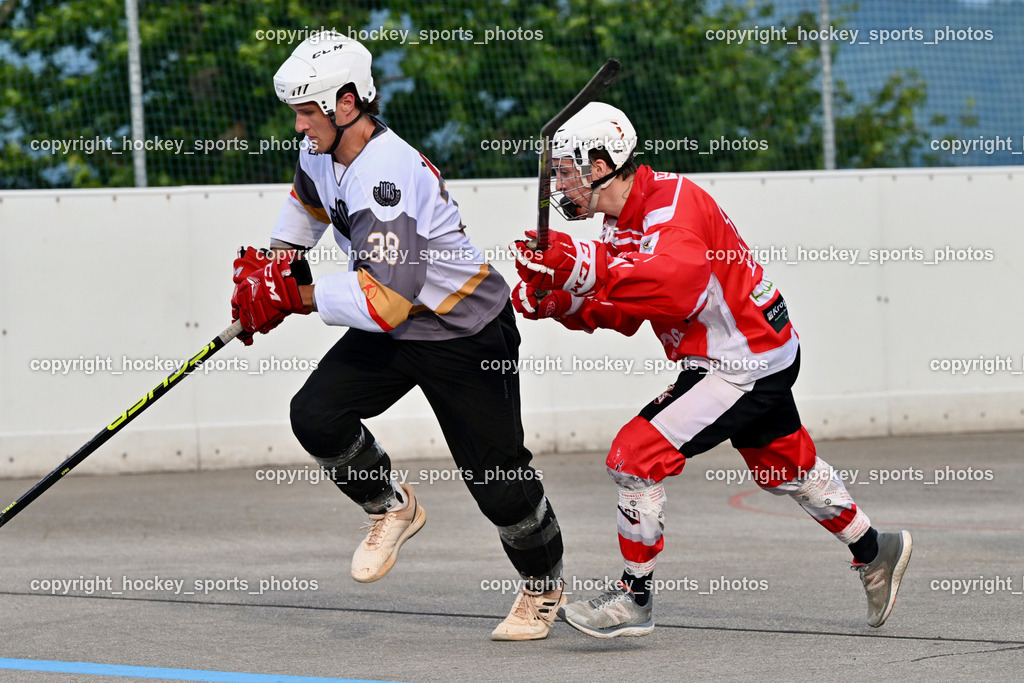 VAS Ballhockey vs. HSC Eagles Poggersdorf | #38 Kravanja Kristian, #12 Lamereiner Leon, VAS Ballhockey vs. HSC Eagles Poggersdorf, VAS Ballhockey vs. HSC Eagles Poggersdorf am 14.07.2024 in Villach (Alpen Arena ), Austria, (Photo by Bernd Stefan)