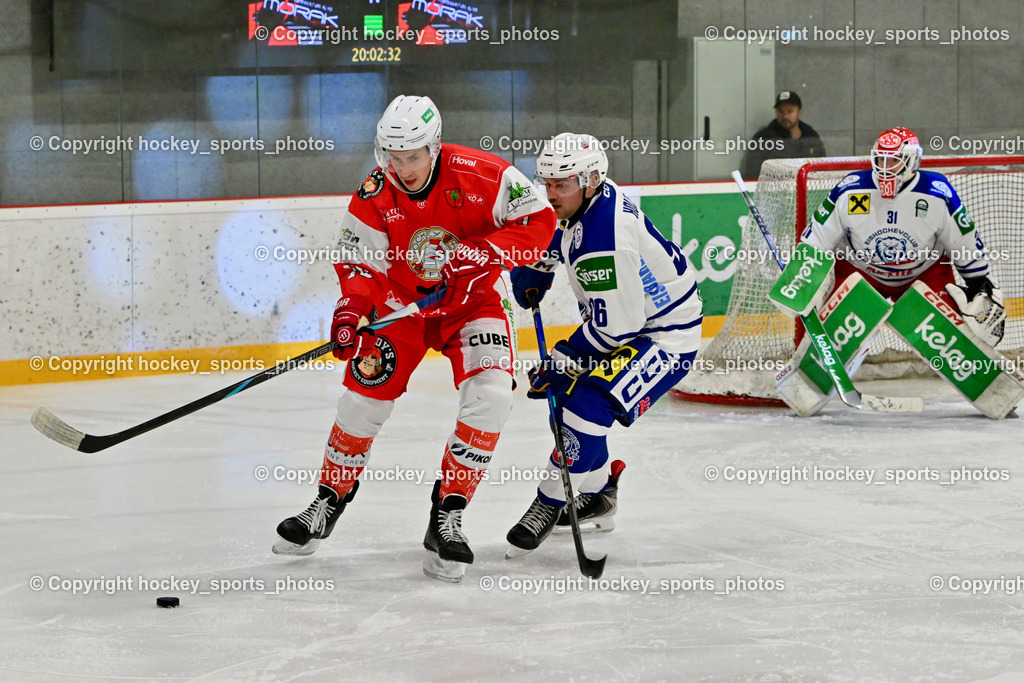 ESV Ferlach vs. UECR Eisbären Huben | #10 Zusevics Zintis Nauris ESV Ferlach, #96 Holzer Simon UECR EISBÄREN HUBEN, #31 Sicher Michael UECR EISBÄREN HUBEN, ESV Ferlach vs. UECR Eisbären Huben, ESV Ferlach vs. UECR Eisbären Huben am 31.10.2025 in Ferlach (HTC Eishalle Ferlach), Austria, (Photo by Bernd Stefan)
