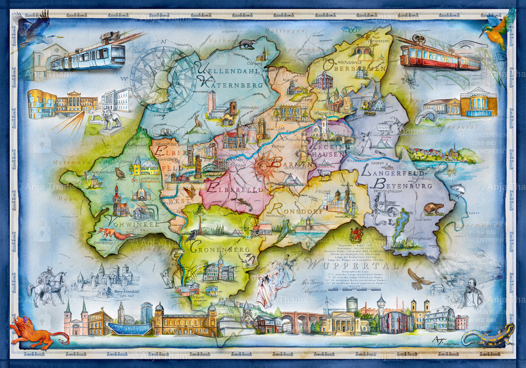 Die schönste Landkarte von Wuppertal | Fast zwei Jahre hat die Künstlerin Anja Thams an der schönsten Landkarte für Wuppertal gemalt. Nun ist das Werk vollendet. Eine kunstvoll, handgemalte Landkarte mit allen Stadtteilen und hundert Motiven der beeindruckendsten Bauwerke, über die besondere Tierwelt bis hin zur Geschichte des schönen Wuppertals. - Realized with Pictrs.com