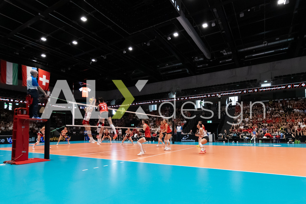 Austria v Switzerland - CEV European League Women | KRIENS, SWITZERLAND - JUNE 14: JULIE LENGWEILER of Switzerland attack / spike against DANA SCHMIT of Austria during the CEV European League match between Austria and Switzerland at Pilatus Arena on June 14, 2026 in Kriens, Switzerland. - Realisiert mit Pictrs.com