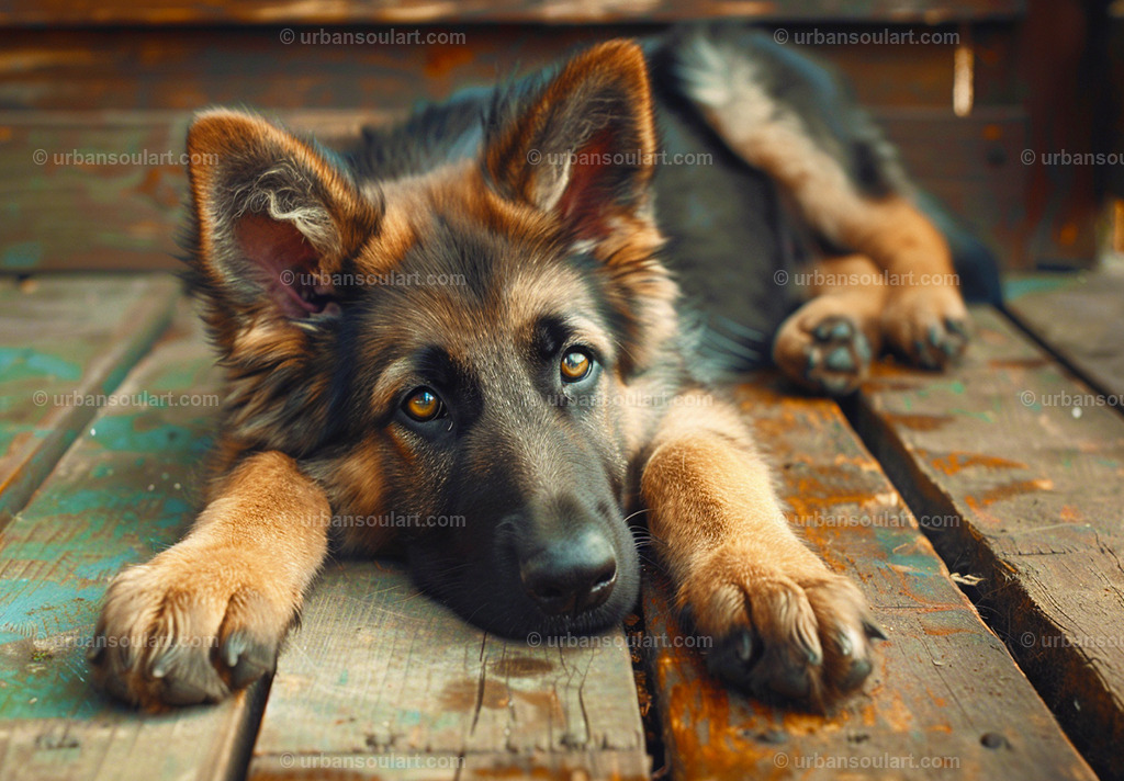 German Shepard Puppy lying On The Floor | A beautiful canvas of a German Shepherd puppy lying peacefully on the floor, looking relaxed and attentive. Ideal for adding a cozy, affectionate vibe to any space, perfect for fans of this loyal breed. - Realisiert mit Pictrs.com