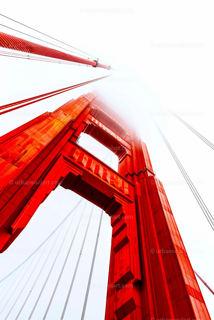 Golden Gate Bridge - Gate Detail | A unique perspective of the Golden Gate Bridge, looking upward into the fog, highlighting its iconic red architecture. Perfect for travel enthusiasts and art lovers, this piece brings an iconic San Francisco landmark into your home. - Realisiert mit Pictrs.com