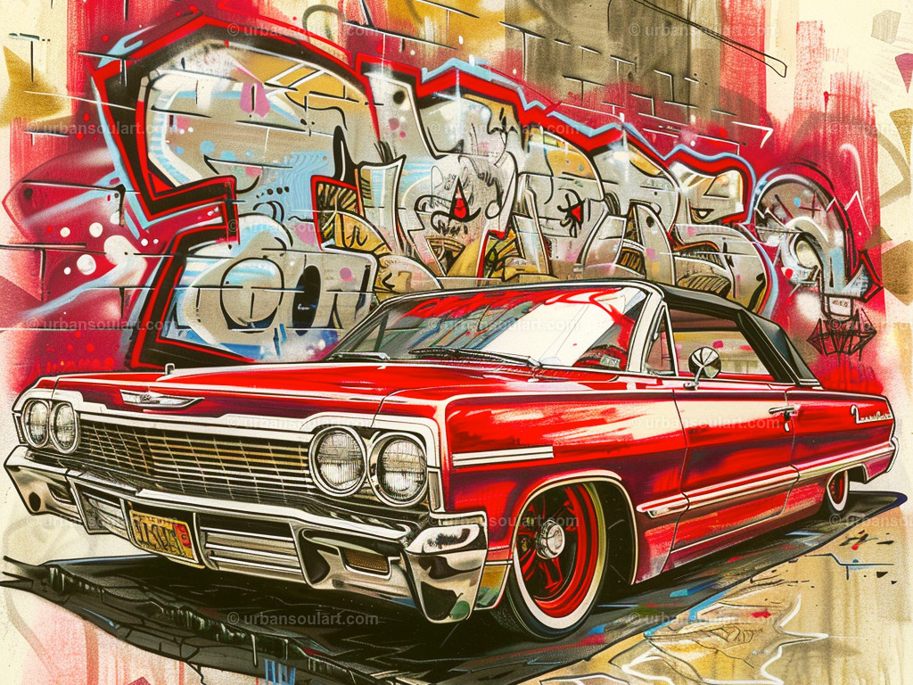 Lowrider In Front of Graffiti | A vibrant, detailed artwork featuring a classic red lowrider car against a graffiti-covered wall. Perfect for car enthusiasts and fans of urban, retro-inspired decor. - Realisiert mit Pictrs.com