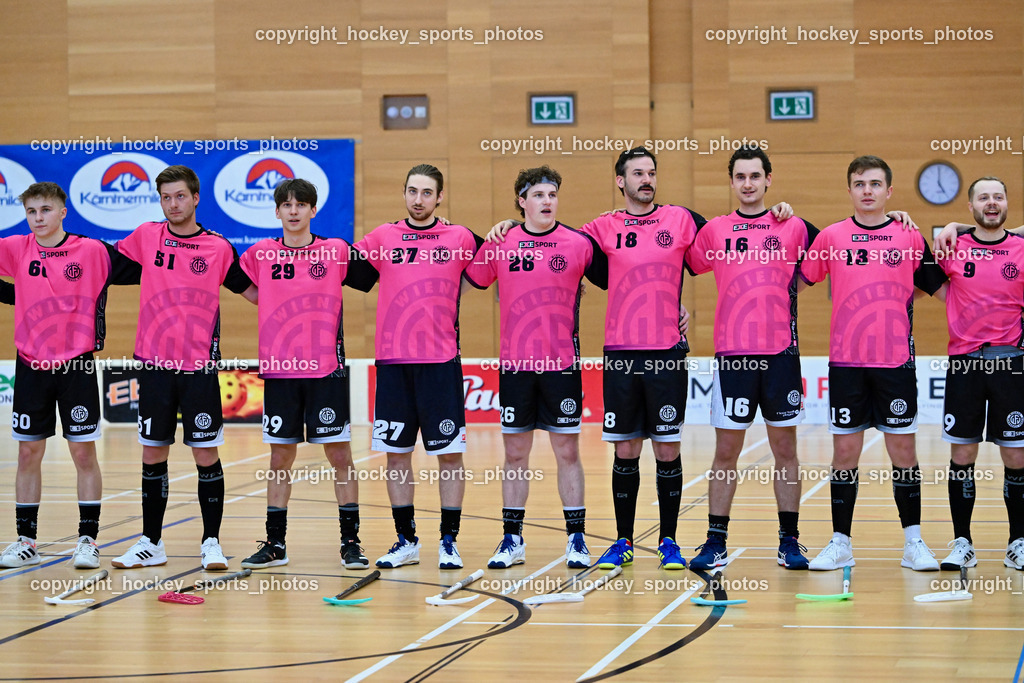 VSV Unihockey vs. Wiener Floorballferein 6.4.2024 | #60 Jakub Kyr Wiener Floorballverein, #51 Alex Egenhofer Wiener Floorballverein, #29 Jonas-Justus Dopona Wiener Floorballverein, #27 Tobias Schrottenbacher Wiener Floorballverein, #26 Alexander Hanschur Wiener Floorballverein, #18 Christian Dworzak Wiener Floorballverein, #16 Christian Göth Wiener Floorballverein, #13 Vincent Hähnig Wiener Floorballverein, #9 Laurin Zehetner Wiener Floorballverein, VSV Unihockey vs. Wiener Floorballferein 6.4.2024, VSV Unihockey vs. Wiener Floorballferein  am 06.04.2024 in Villach (Ballspielhalle St. Martin), Austria, (Photo by Bernd Stefan)