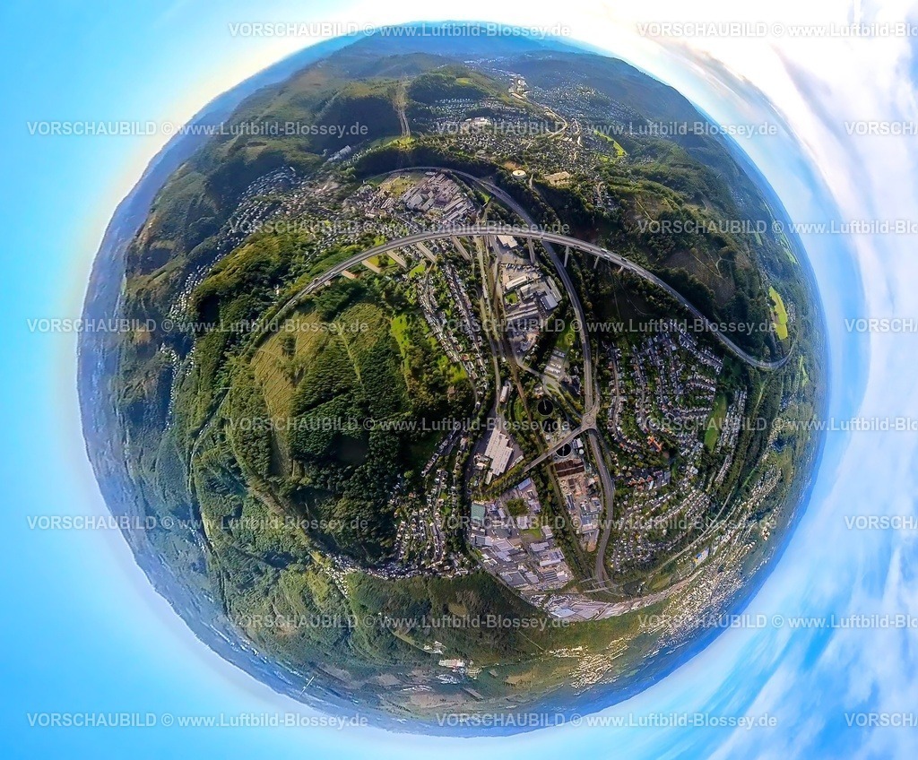 Siegen230990433Siegerlandbruecke | Luftbild, Autobahn A45 Siegtalbrücke, über die Bundesstraße B62 Hüttentalstraße, Erdkugel, Fisheye Aufnahme, Fischaugen Aufnahme, 360 Grad Aufnahme, tiny world, Eiserfeld, Siegen, Sauerland, Nordrhein-Westfalen, Deutschland