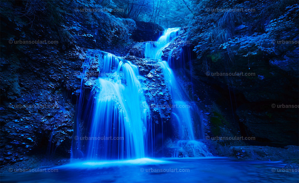 Blue Glowing Waterfall  | This captivating waterfall glows with an ethereal blue light, creating a magical and tranquil scene. Ideal for bringing a soothing, dreamlike touch to any space. - Realisiert mit Pictrs.com