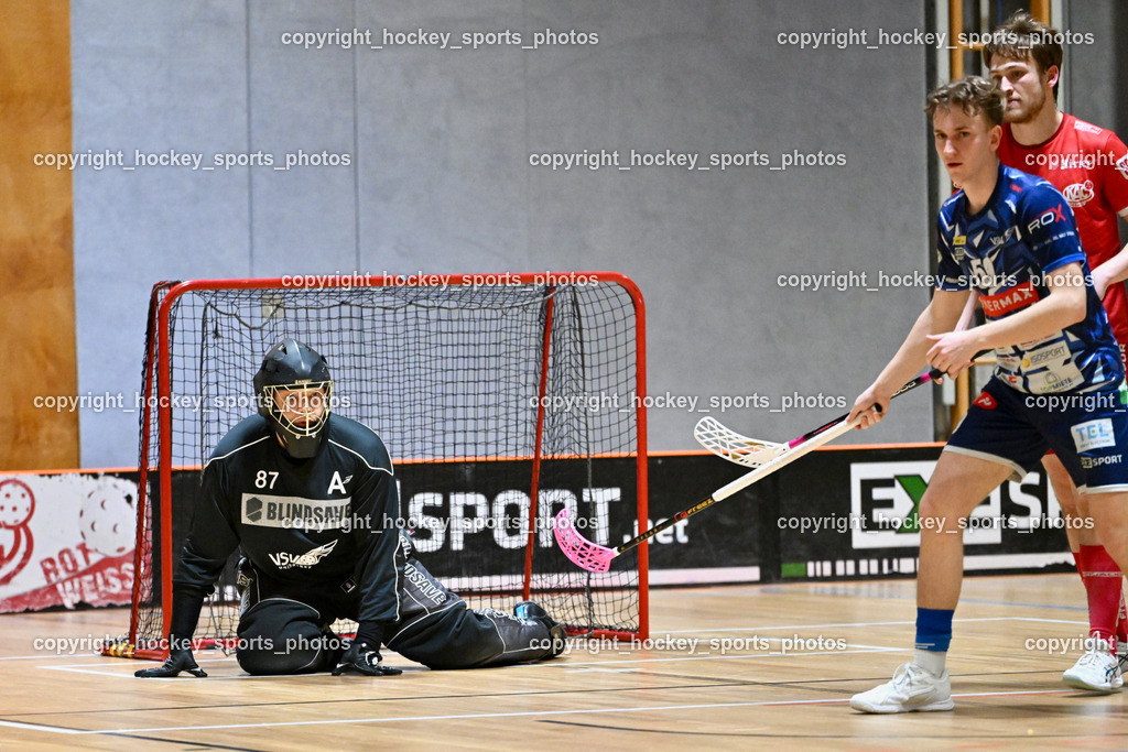 KAC Floorball vs. VSV Unihockey | #87 Timmo Taurer VSV Unihockey, #59 Nino Forelli VSV Unihockey, KAC Floorball vs. VSV Unihockey, KAC Floorball vs. VSV Unihockey am 21.03.2026 in Klagenfurt (Ballspielhalle Waidmannsdorf), Austria, (Photo by Bernd Stefan)