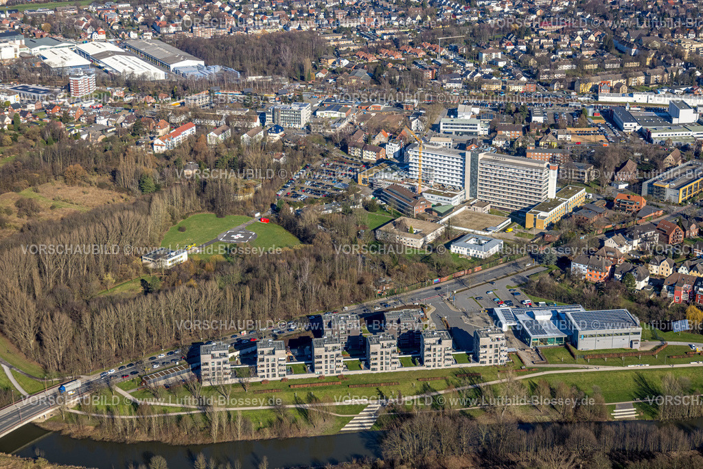 Luenen230204107 | Luftbild, St. Marien Hospital mit Baustelle, Lippewohnpark und Lippe Bad an der Konrad-Adenauer-Straße, Lünen, Ruhrgebiet, Nordrhein-Westfalen, Deutschland