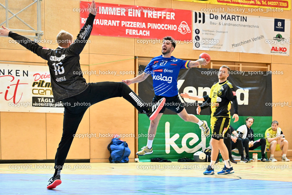 SC Ferlach vs. Bregenz Handball | #16 HÄUSLE Ralf Patrick Bregenz Handball, #27 PERNOVSEK Luka SC Ferlach, #32 KOTAR Matic Bregenz Handball, SC Ferlach vs. Bregenz Handball, SC Ferlach vs. Bregenz Handball am 28.09.2024 in Ferlach (Ballspielhalle Ferlach), Austria, (Photo by Bernd Stefan)