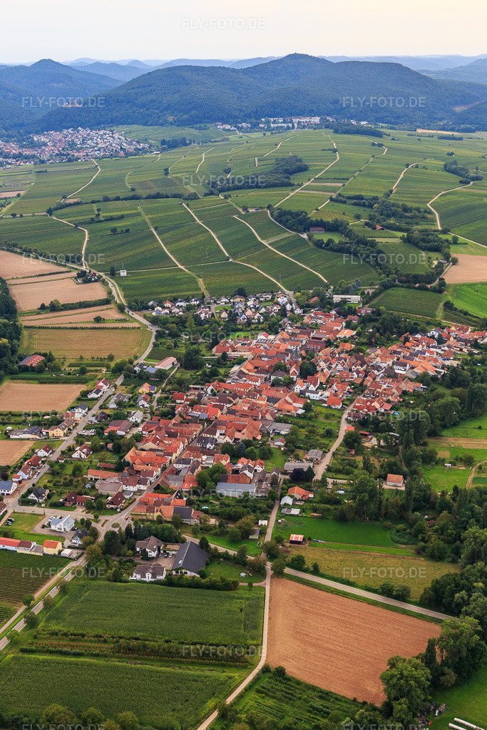 Luftbild: Ortsansicht aus Südosten im Ortsteil Heuchelheim in Heuchelheim-Klingen im Bundesland Rheinland-Pfalz in Deutschland. Foto: IMG_128514.jpg vom 21.08.2021 durch Werner Riehm/FLY-FOTO.de