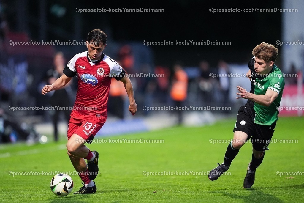 xYDR11052501063 | 11.05.2025, xydrx, Fußball, Viktoria Köln - Hannover 96 II , 3.Liga, Sportpark Höhenberg, Saison 2024 2025: Luca Ramon de Meester de Tilbourg (Viktoria Köln #13) Lukas Dominke (Hannover 96 II #5) DFB regulations prohibit any use of photographs as image sequences and or quasi-video.