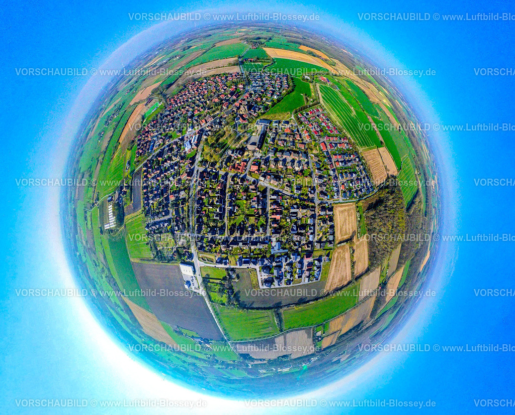 Nordkirchen250490015CapelleSuedkirchen | Luftbild, Wohngebiet Ortsansicht Ortsteil Capelle und Südkirchen, Erdkugel, Fisheye Aufnahme, Fischaugen Aufnahme, 360 Grad Aufnahme, tiny world, little planet, fisheye Bild, Capelle, Nordkirchen, Ruhrgebiet, Nordrhein-Westfalen, Deutschland