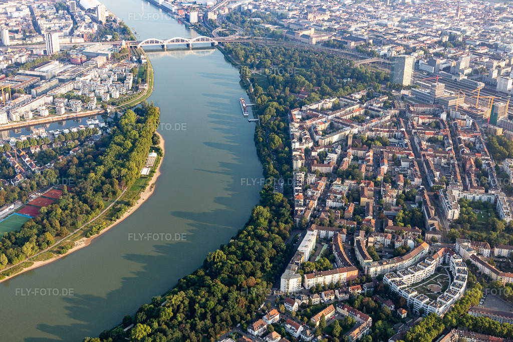 Luftbild: Rheinpromenade Stephanienufer, Schnickenloch bis zur Konrad-Adenauer-Brücke im Ortsteil Lindenhof in Mannheim im Bundesland Baden-Württemberg in Deutschland. Foto: IMG_116867.jpg vom 25.08.2019 durch Werner Riehm/FLY-FOTO.de