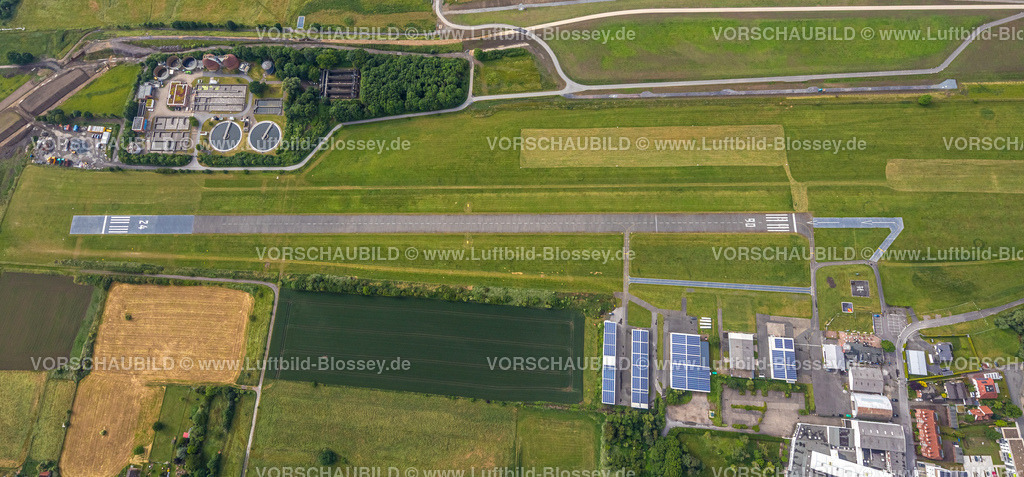 Hamm220604030 | Luftbild, Flugplatz Hamm-Lippewiesen, Start- und Landebahn, Flugplatzgebäude mit Solardach, Kläranlage Hamm Mattenbecke, Heessen, Hamm, Ruhrgebiet, Nordrhein-Westfalen, Deutschland