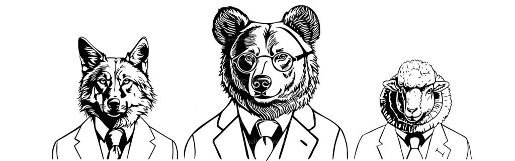 Tierische Kaufleute D | Schwarze Außenlinien zeigen verschiedene Tiere, die einen Business Anzug tragen. Dabei symbolisiert die Illustration  typische Eigenschaften der Tiere, die auch Geschäftsleute haben können. 