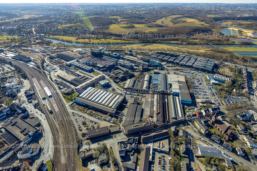 Witten250301064 | Luftbild, Deutsche Edelstahlwerke Steel Gmbh, Blick zum Fluss Ruhr und ins Muttental mit Zeche Nachtigall, Witten, Ruhrgebiet, Nordrhein-Westfalen, Deutschland