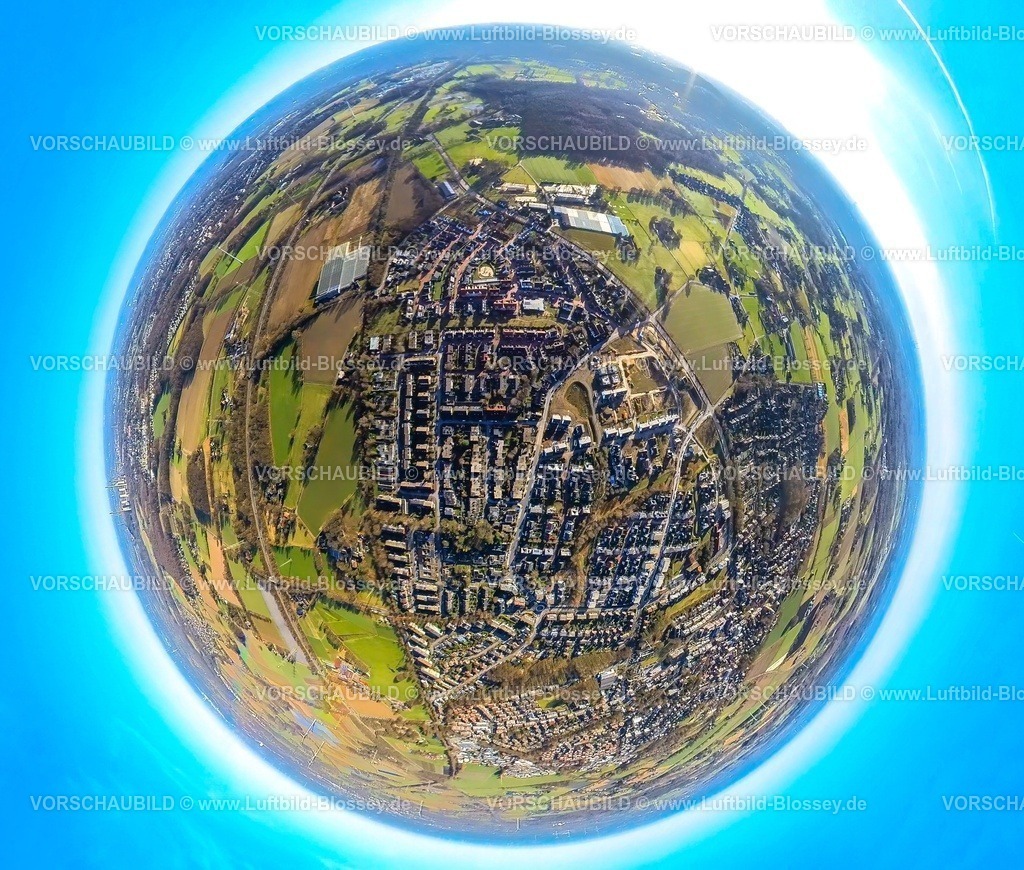 Bottrop240190211Kirchhellen | Luftbild, Wohngebiet Kirchhellen-Mitte Stadtansicht, Kirchhellen-Süd, Erdkugel, Fisheye Aufnahme, Fischaugen Aufnahme, 360 Grad Aufnahme, tiny world, little planet, fisheye Bild, Kirchhellen, Bottrop, Ruhrgebiet, Nordrhein-Westfalen, Deutschland