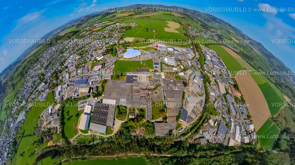 Schmallenberg240590325GewerbegebietImBrauke_Falke | Luftbild, Gewerbegebiet Im Brauke, Erdkugel, Fisheye Aufnahme, Fischaugen Aufnahme, 360 Grad Aufnahme, tiny world, little planet, fisheye Bild, , Schmallenberg, Sauerland, Nordrhein-Westfalen, Deutschland