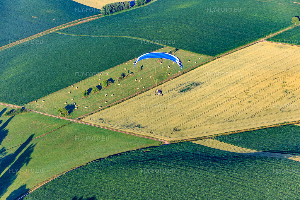 Vue aérienne: Parapentes au-dessus des champs à Neewiller-près-Lauterbourg dans le département Bas Rhin, France – .Photo: IMG_082909.jpg prise le 26/06/2015 par Werner Riehm/FLY-FOTO.eu – Résolution de l'original: 5472 x 3648 px