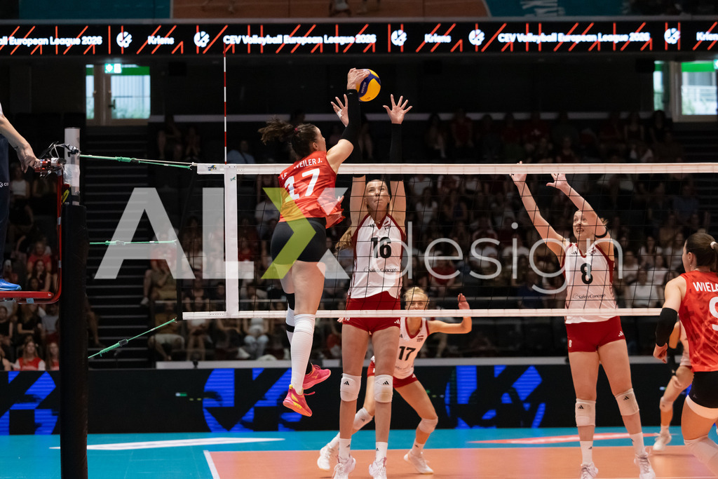 Austria v Switzerland - CEV European League Women | KRIENS, SWITZERLAND - JUNE 14: JULIE LENGWEILER of Switzerland attack / spike against ANAMARIJA GALIC of Austria and JANA GÄRTNER of Austria during the CEV European League match between Austria and Switzerland at Pilatus Arena on June 14, 2026 in Kriens, Switzerland. - Realisiert mit Pictrs.com