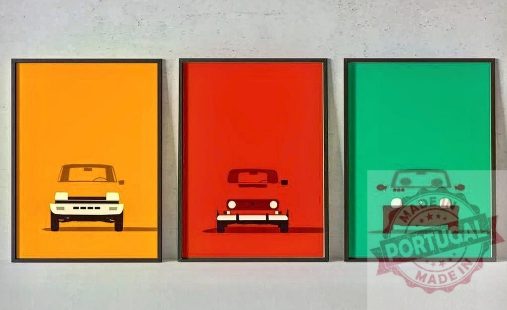 Minimalist vintage car illustrations on colorful wall art | Three framed posters featuring simple classic car designs in orange, red, and green - Realized with Pictrs.com
